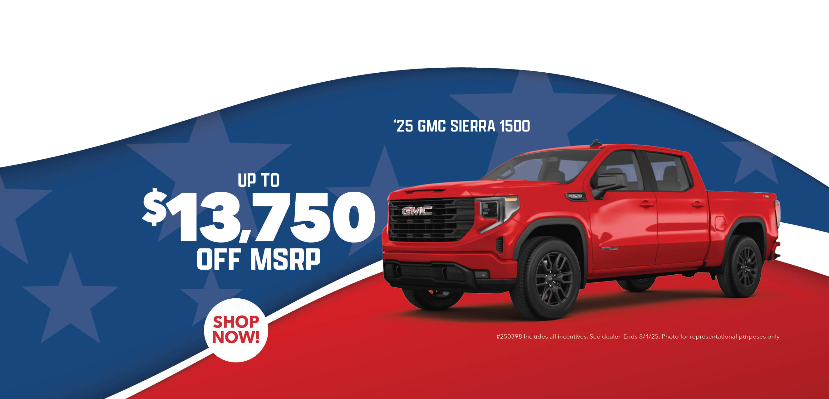 Silver car with advertising slogans: Employee Pricing Plus event at Behlmann! Now up to $13,750 off MSRP on 2025 GMC Sierra 1500.